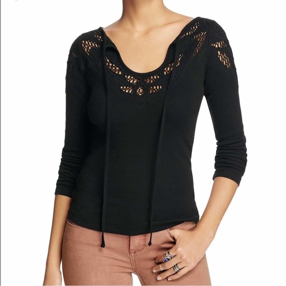 Free People Black Embroidered Yoke Stretch Cotton Tee, Medium Womens - Picture 1 of 6